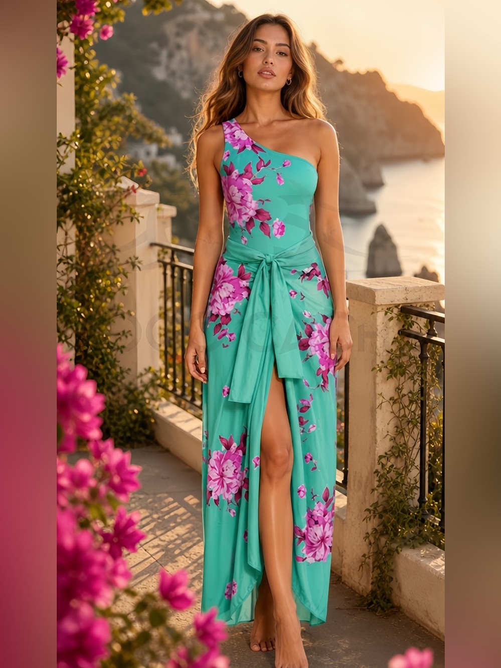 Luxury Two Piece Set Spring Delight One Shoulder Swimsuit & Coverup Wrap Skirt